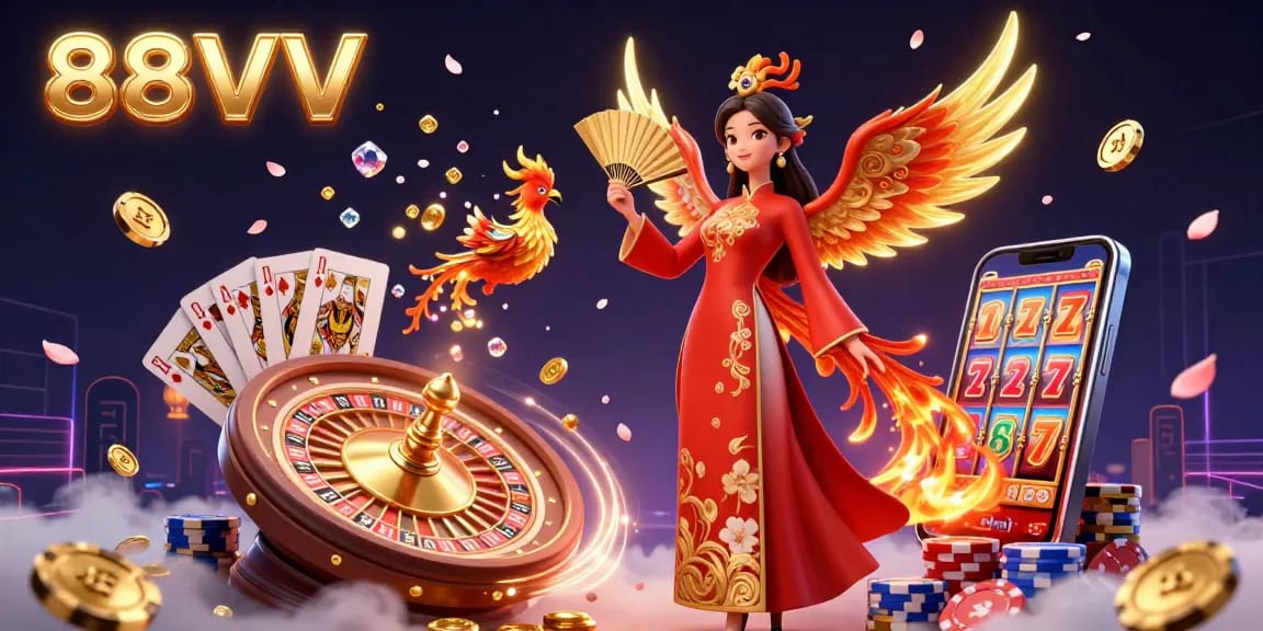 Experience the excitement of 88VV's dynamic casino games with a vibrant 3D scene featuring a lucky player, golden coins, and dazzling elements.