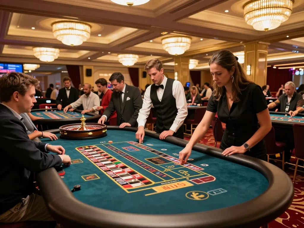 Players enthusiastically placing bets at a lively HBET roulette table in an upscale casino.