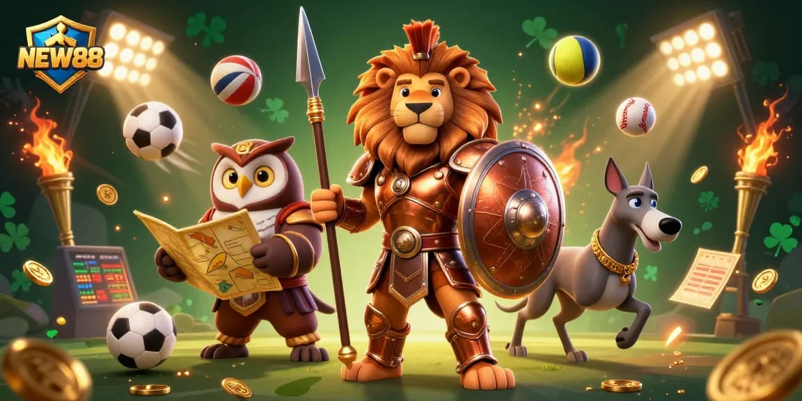 Engage with the thrill of NEW88 casino gaming featuring dynamic sports elements and vibrant characters.
