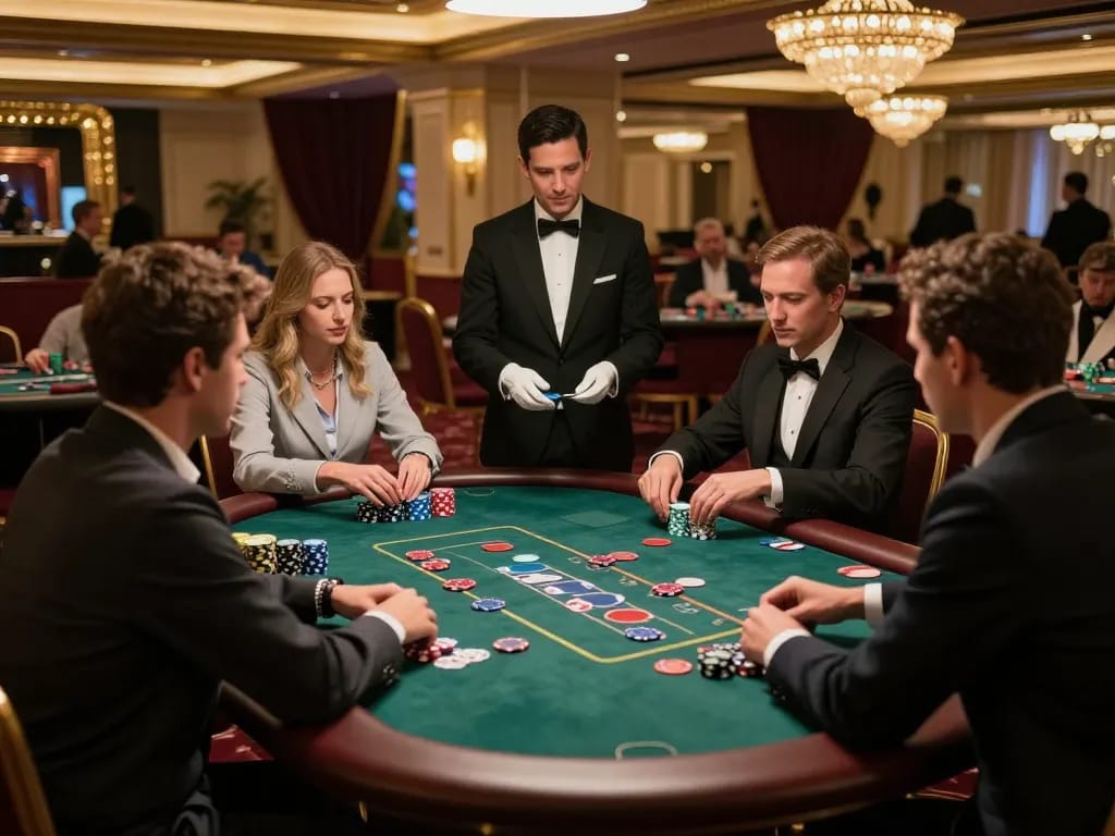 fyhot players strategizing at a glamorous blackjack table in an upscale casino
