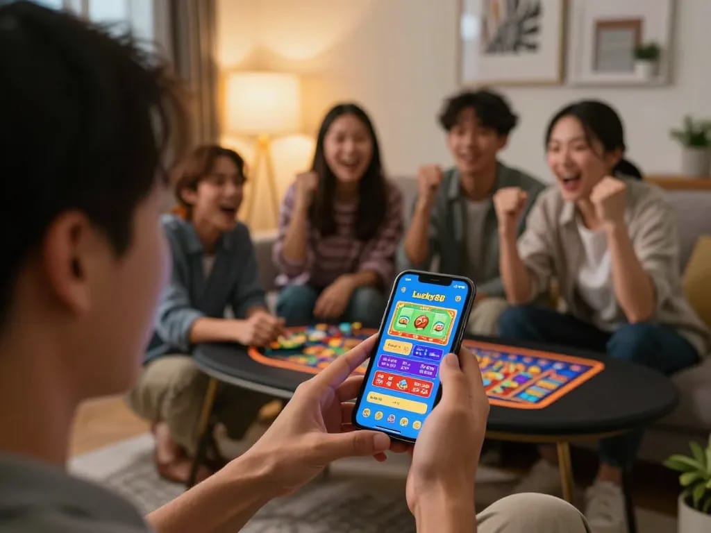 Players engage in online gaming with the lucky88 app in a lively home setting, capturing excitement and strategy