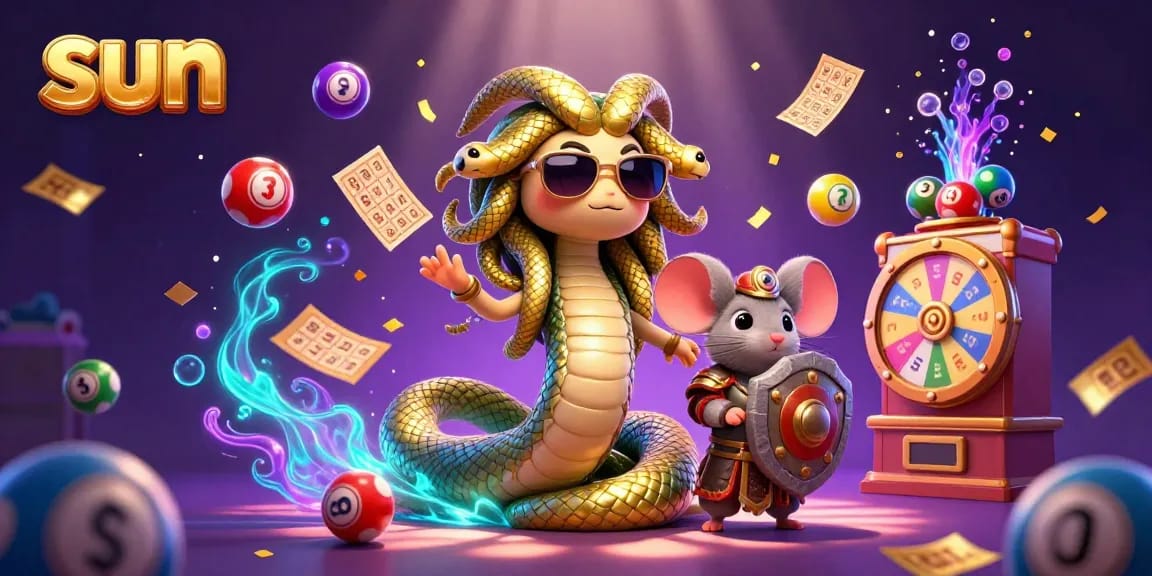Engage with sun-themed lottery excitement in a vibrant 3D scene featuring Medusa and a warrior mouse.