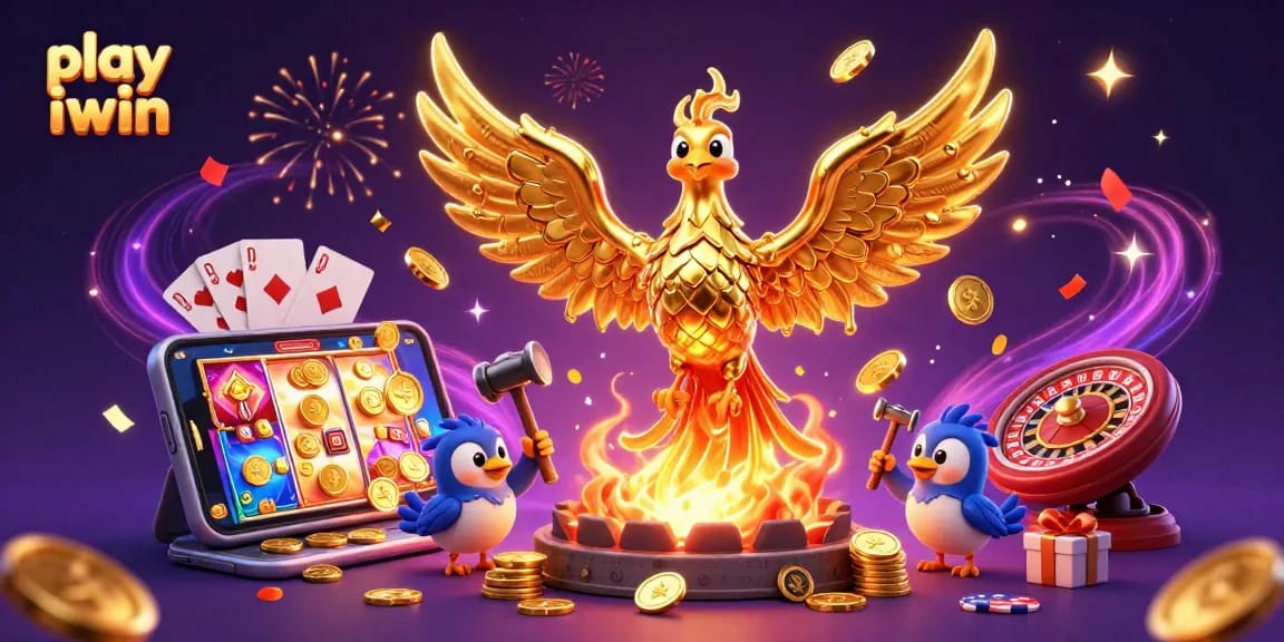 Play iwin with exciting games as a molten phoenix rises, surrounded by gold coins and vibrant casino elements.