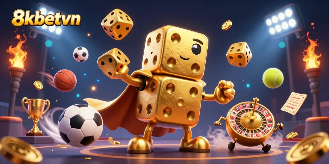 Engage with thrilling gaming excitement at 8kbetvn featuring a golden dice golem and dynamic sports elements.