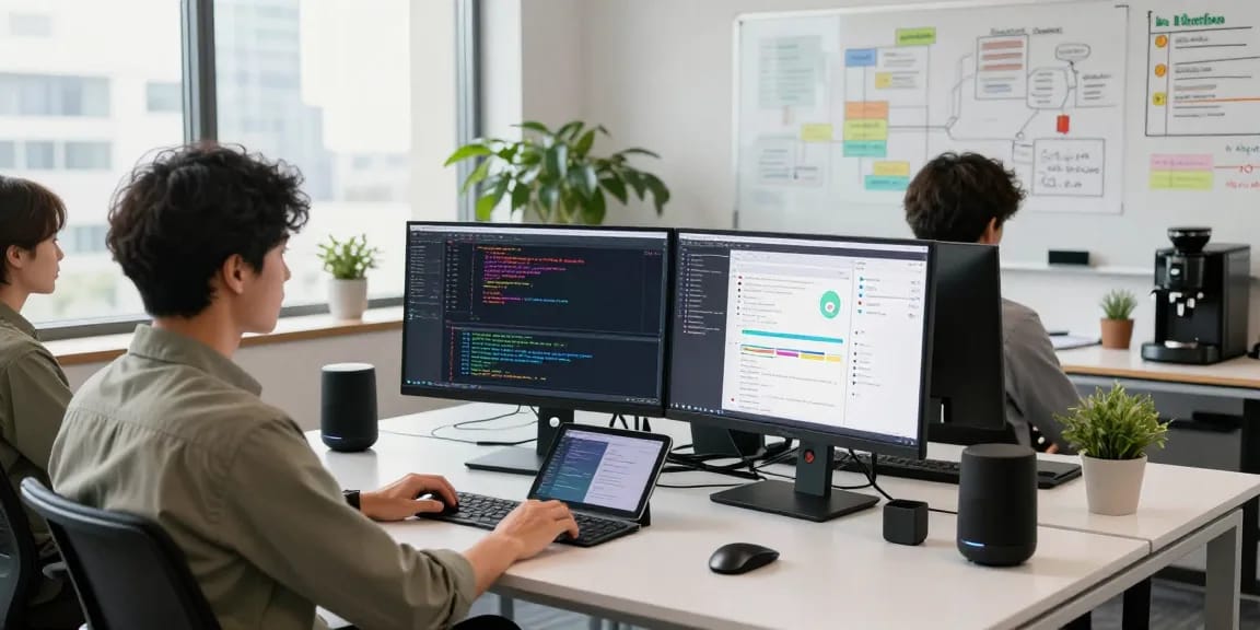 Dynamic software development teamwork at the WPS Official Website workspace with monitors displaying code.