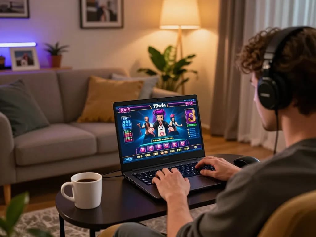 Player enjoying a thrilling gaming session on 79win from the comfort of home.