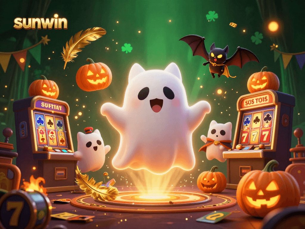 Engage with sunwin's vibrant ghost cat in a haunted casino full of slot machines.