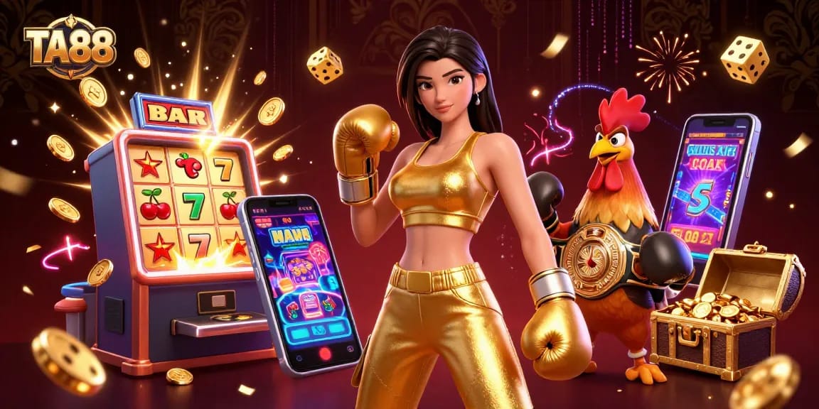 Experience the thrill of TA88 with a vibrant casino scene featuring a strong woman and a boxing rooster.