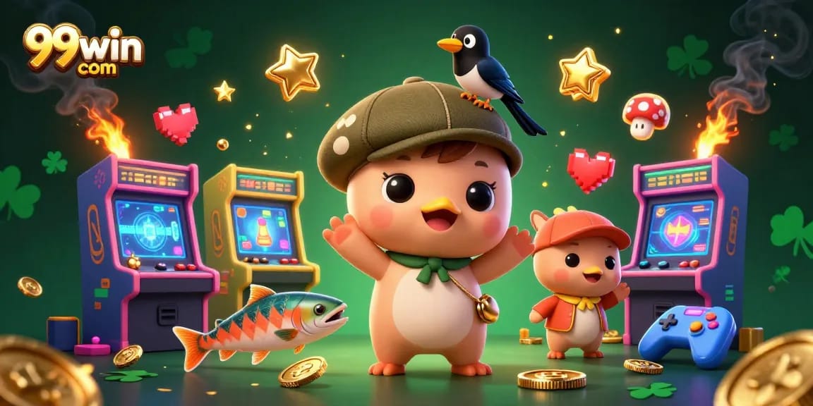 Engage with thrill on 99win com, showcasing a vibrant 3D casino scene with charming characters and game elements.