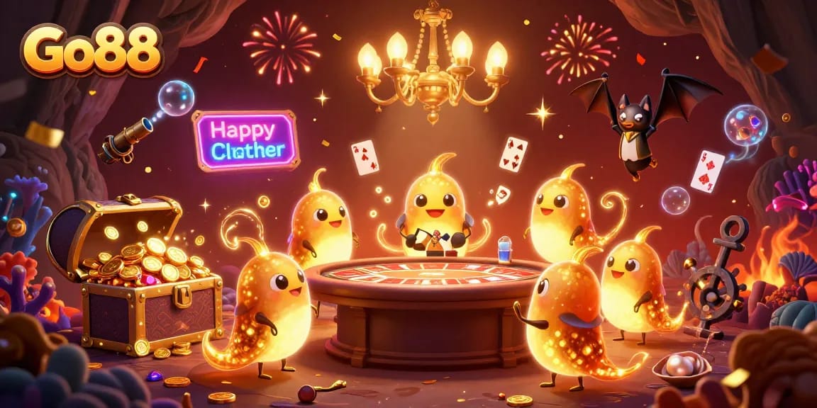 Experience thrilling casino excitement with Go88's vibrant illustration featuring glowworms and underwater treasures.