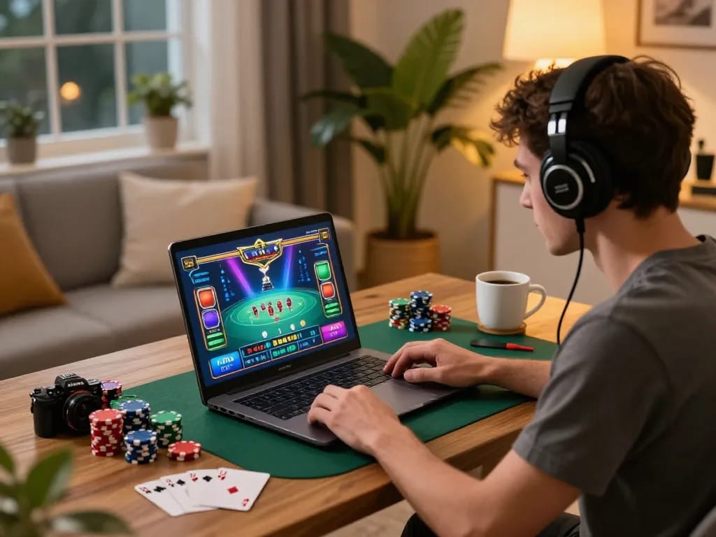 Player enjoying tr88 casino game at home with gaming setup and vibrant visuals.
