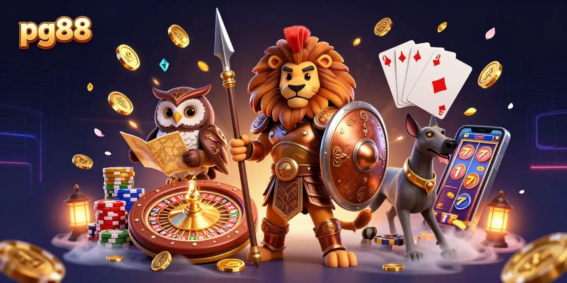 Experience thrilling gaming adventures at pg88 with a lion in armor, cascading coins, and spinning roulette.