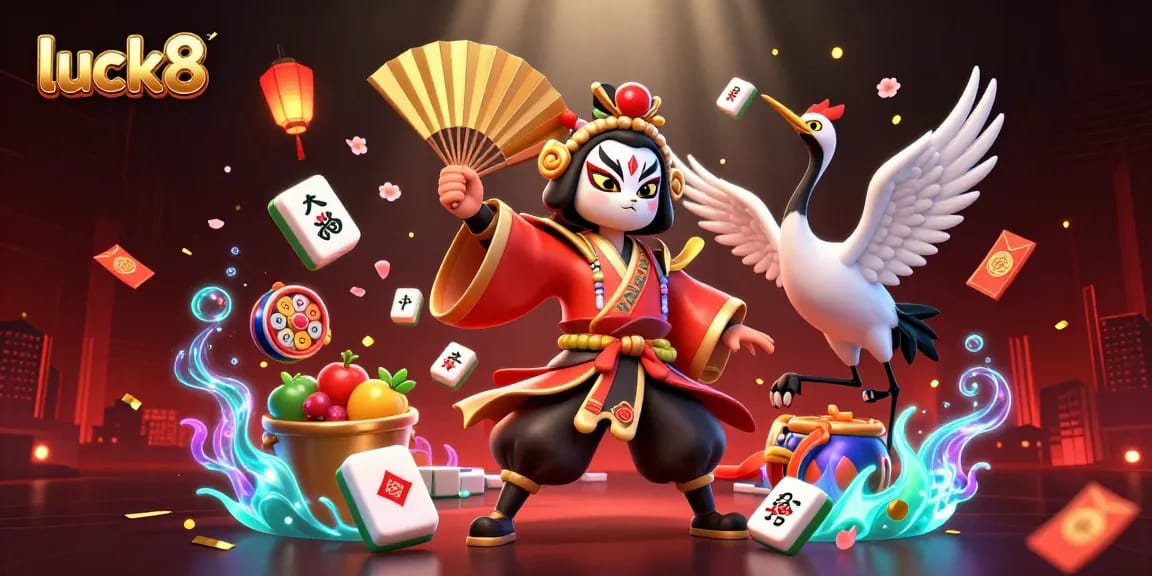 Engage with luck8's dynamic casino experience featuring a kabuki warrior and vibrant gaming elements.