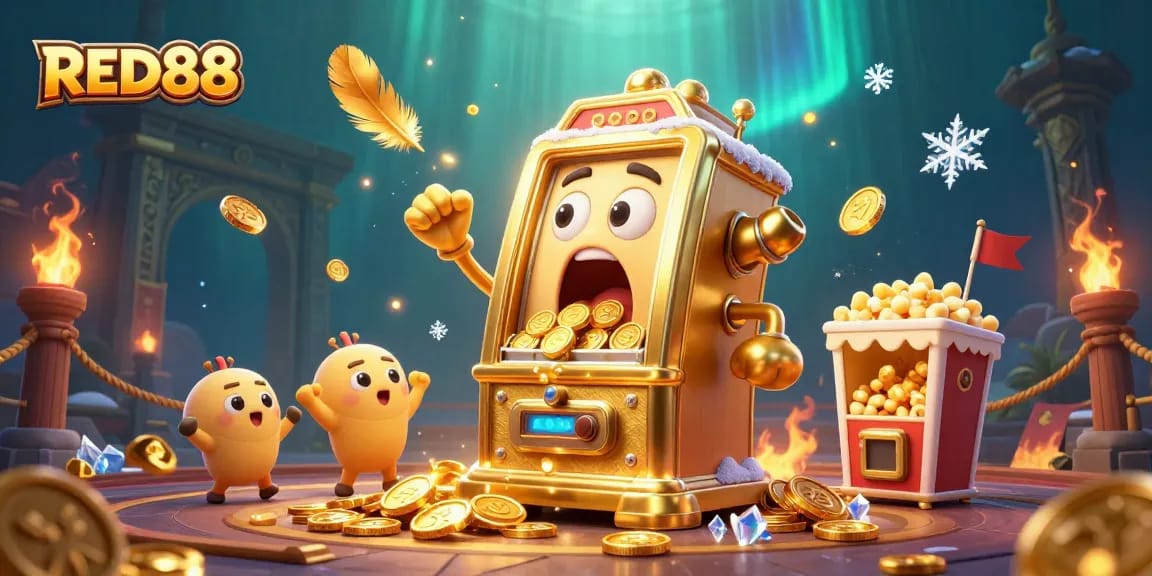 Celebrate big wins with RED88 as the golden slot machine hits the jackpot surrounded by cheering characters.