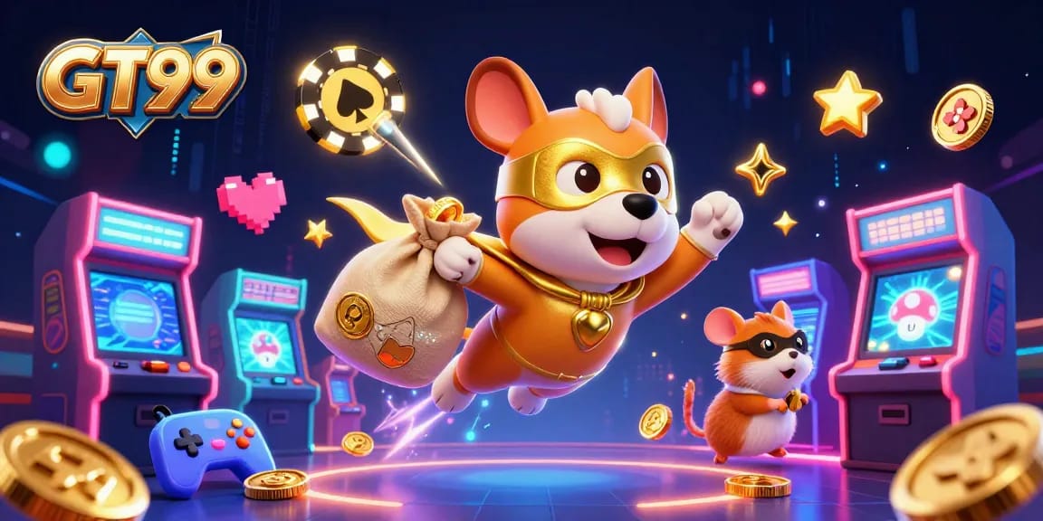 Engage with GT99 and win big, featuring a superhero dog and colorful gaming elements in a vibrant casino scene.