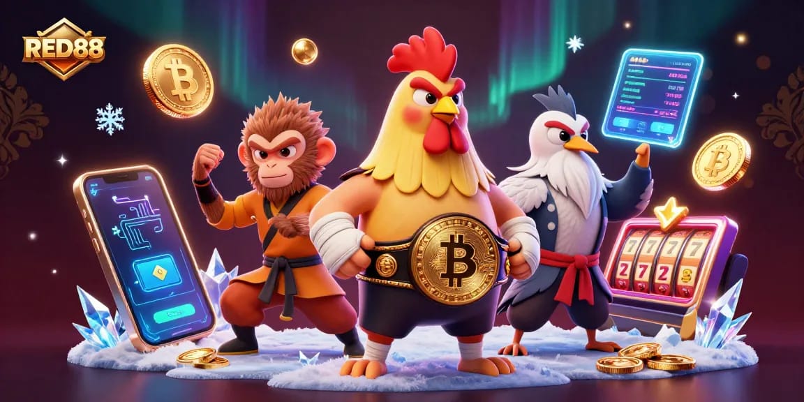 Experience RED88's thrilling casino gaming atmosphere with vibrant characters and elements.