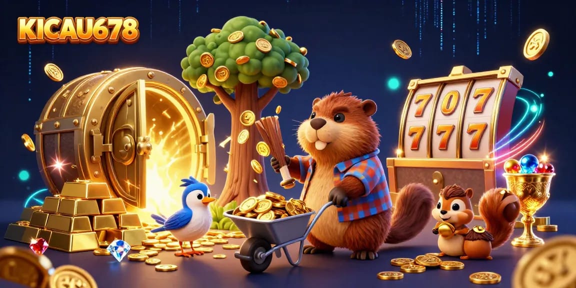 KICAU678 slots depicted with a 3D cartoon beaver and friends celebrating a jackpot win amidst gold and gems.