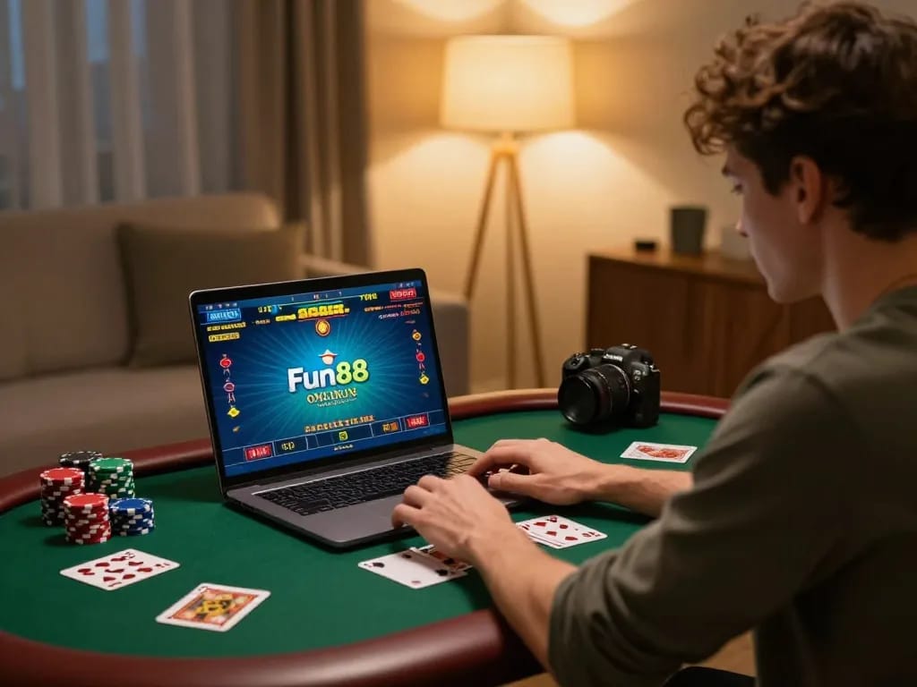 Fun88 online casino gaming experience with a person engaged in immersive gameplay at home.