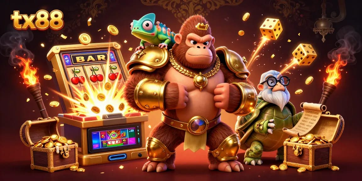 Experience the thrill of tx88 online slot gaming with a vibrant, dynamic illustration featuring winning characters and symbols.