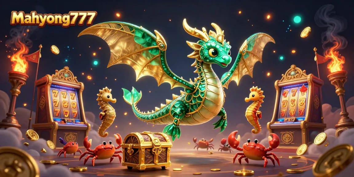 Spin the reels at mahyong777, featuring an emerald sea dragon surrounded by gold and slot machine elements.