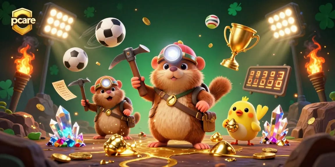 Win big with pccare in this vibrant 3D casino illustration featuring a treasure hunter and casino elements.