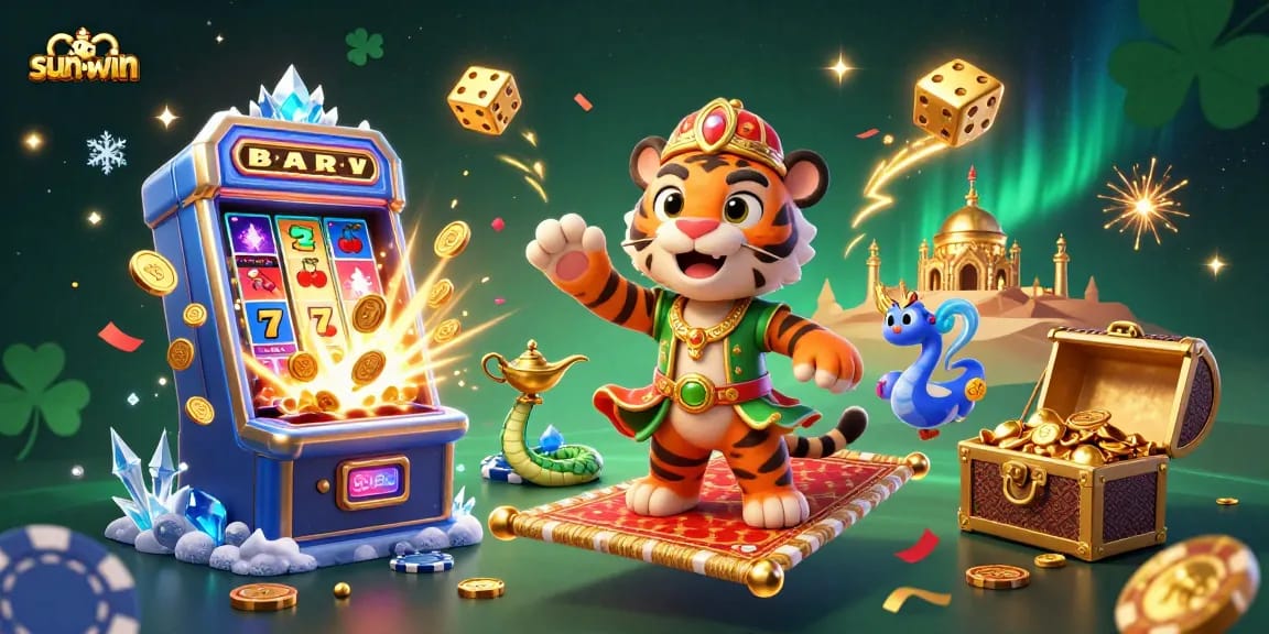 Win big with sun-win's vibrant slots scene featuring a sultan and magic lamp in action.