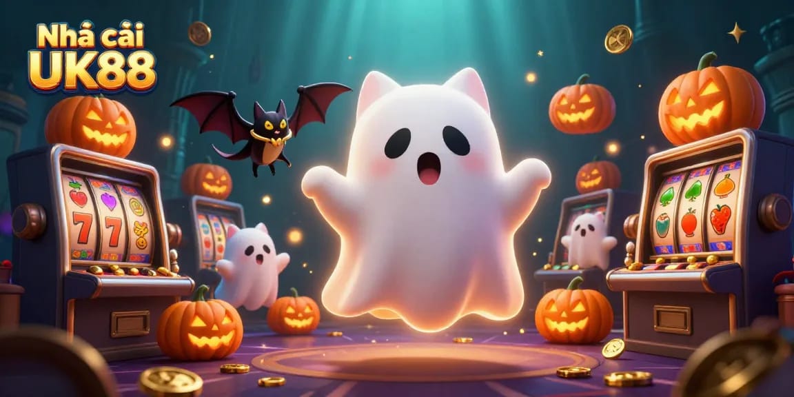 Experience thrilling gaming at Nhà cái UK88 with ghost cat and vampire bat in a vibrant casino scene.