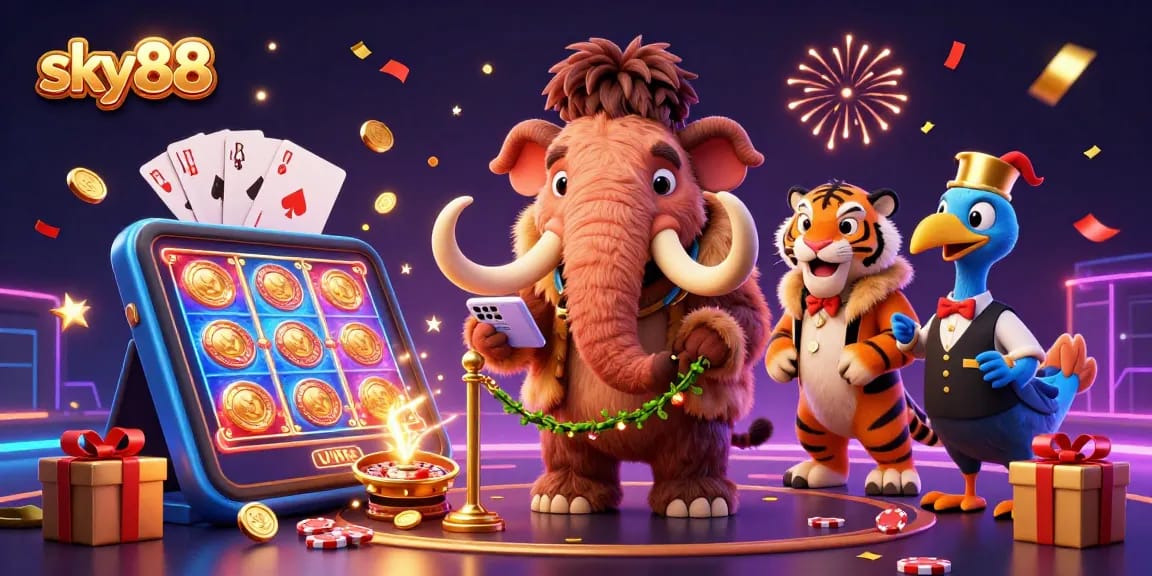 Experience the excitement at sky88 with vibrant 3D casino characters and dynamic gaming elements in a colorful spectacle.