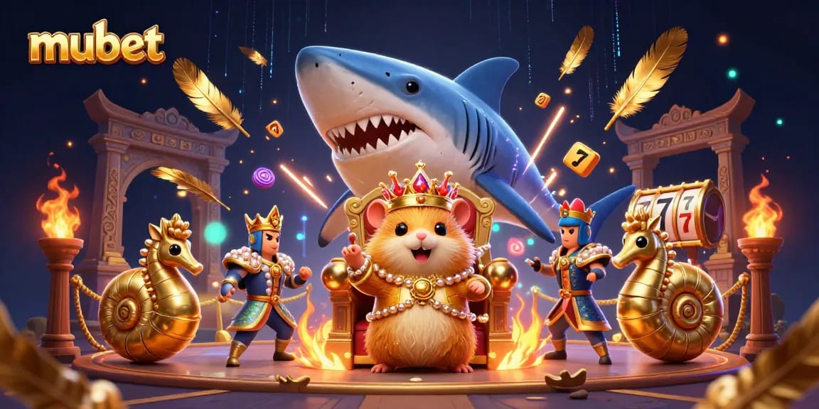 mubet logo displayed among a vibrant 3D casino scene with a heroic hamster king, seahorse guards, and dynamic gaming elements