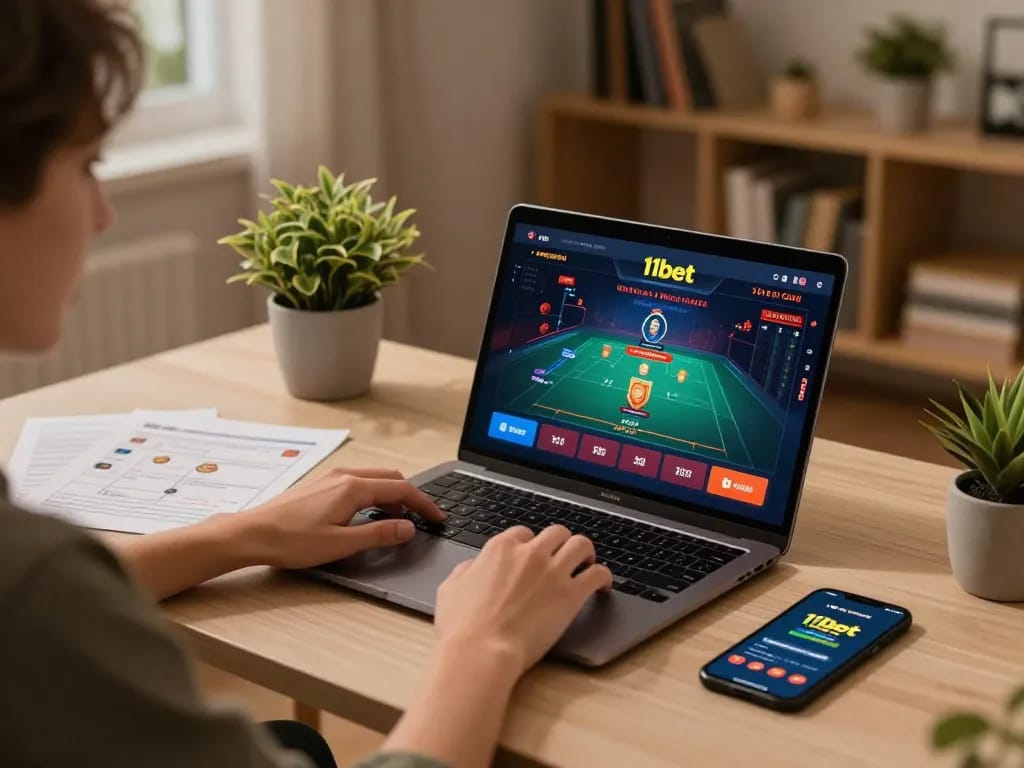 Person engaging with 11bet com online gaming on a laptop, with strategic notes visible.