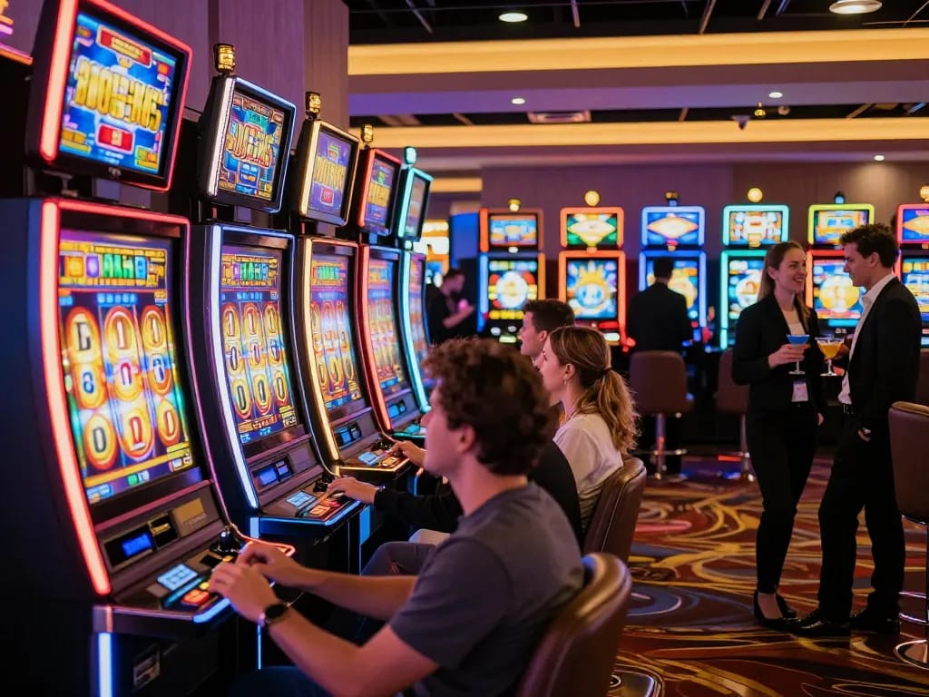 Players celebrating wins at colorful slot machines in a vibrant casino atmosphere
