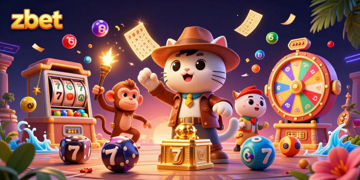 Zbet cat archaeologist discovers golden casino artifact amid vibrant gambling elements in 3D.