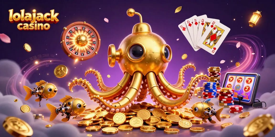 Experience thrilling gameplay at lolajack casino with a vibrant 3D illustration of a Kraken submarine amidst golden riches.
