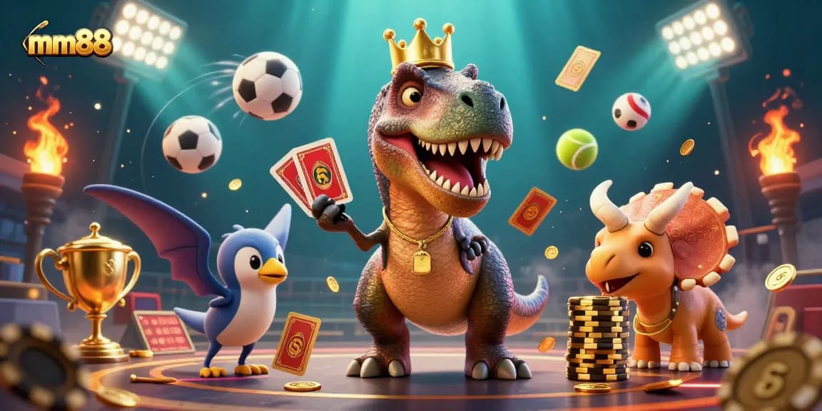 Engage with mm88's thrilling casino experience as a playful T-Rex shuffles cards, embodying the fun of gaming.