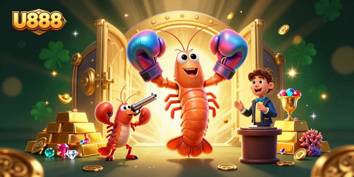 Engage with U888's thrilling gaming adventures featuring cartoon mantis shrimp and treasure.