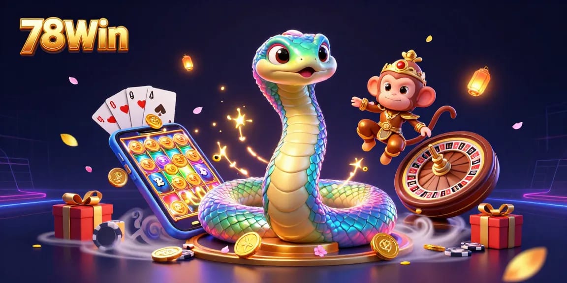 Engage in thrilling gameplay with 78Win featuring colorful slot games, coins, and lively characters in a vibrant casino scene.