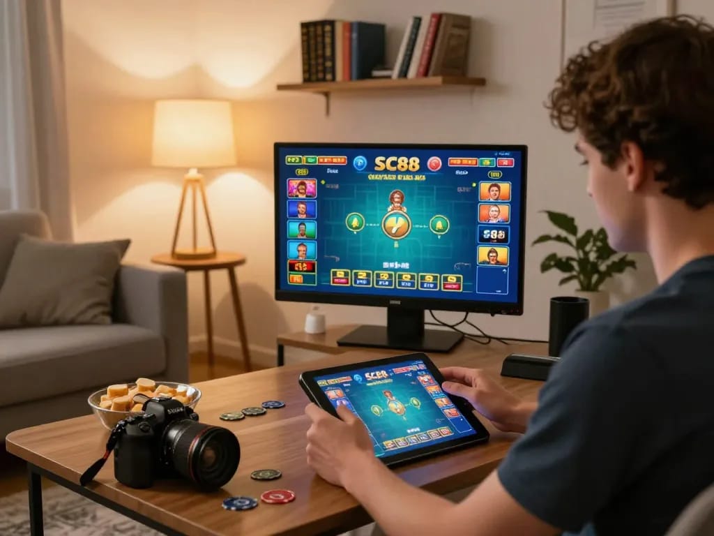 Player engaging in live SC88 casino gaming on a tablet in a cozy home setup