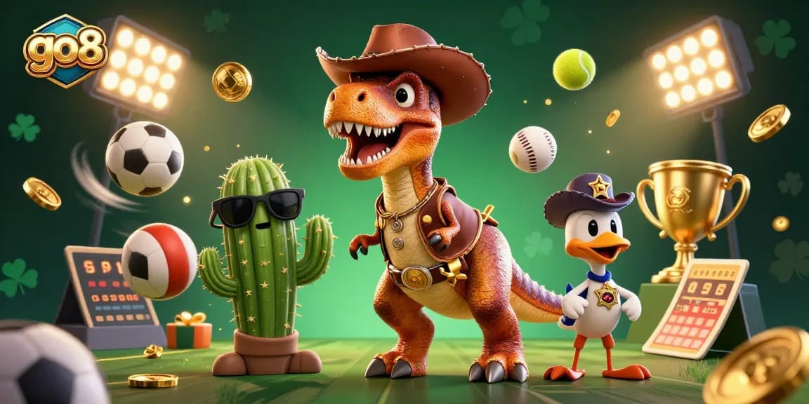 Go8 showcases a vibrant 3D scene filled with action-packed sports and gambling elements.