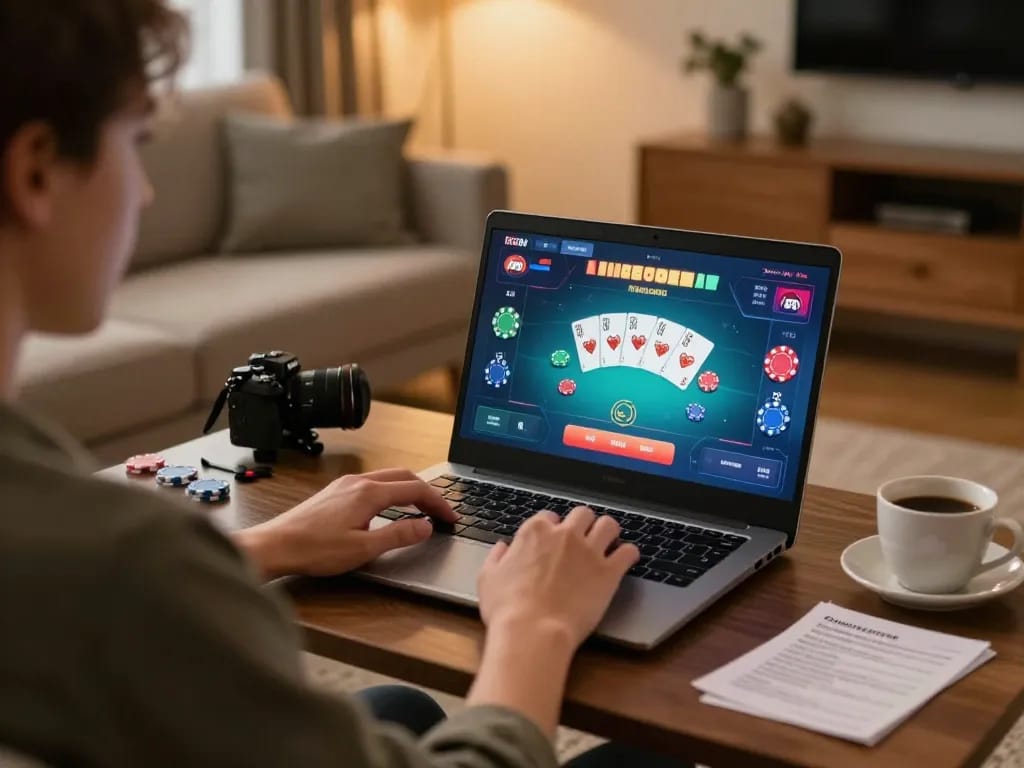Engaging in online gambling with debet88, showcasing poker gameplay on laptop in cozy home.
