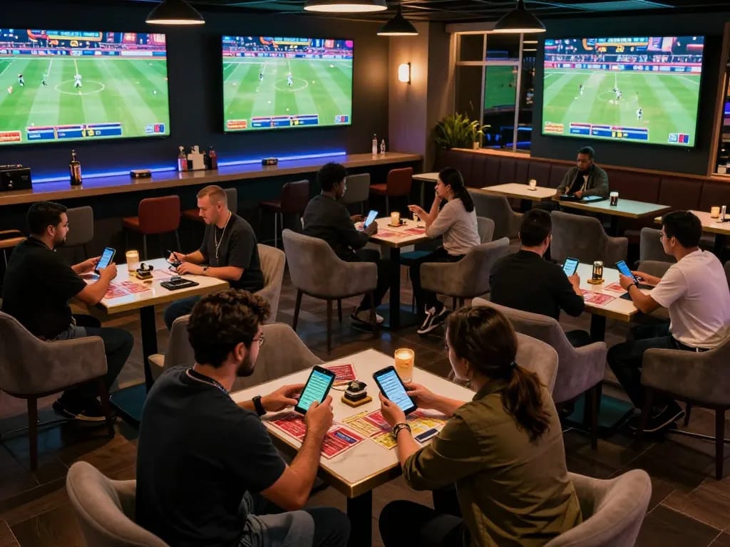 Parieurs engagés dans un salon sportif animé utilisant le paris sportif virement instantané pour placer des paris sur des événements en direct