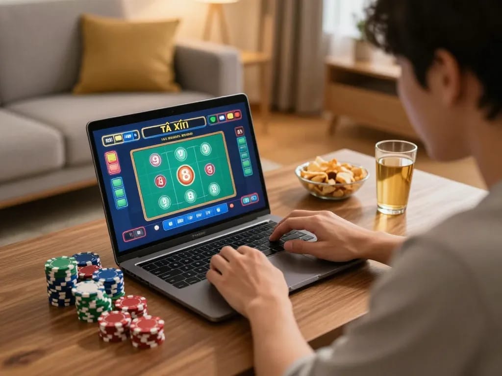 Engage in thrilling tài xỉu online gameplay at home with vibrant visuals and strategic focus.