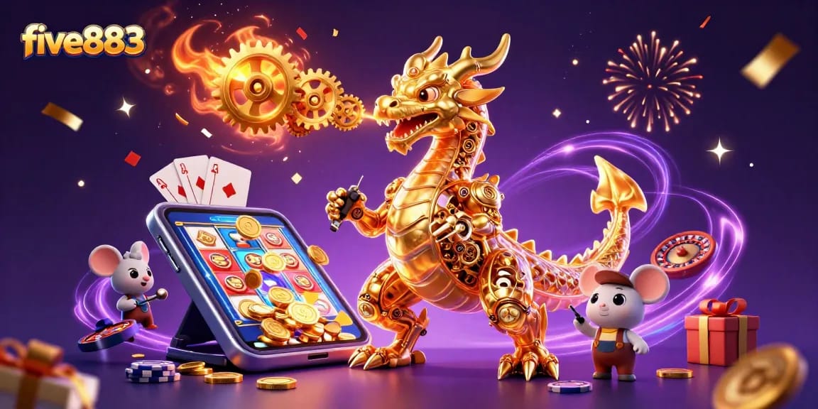 Experience five883 with interactive 3D gaming elements in a vibrant casino space.