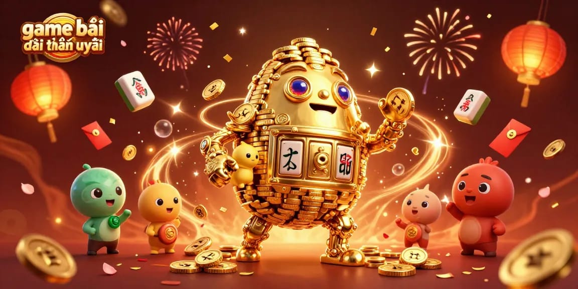Engage in game bài đổi thưởng uy tín with a dynamic 3D scene filled with festive elements and characters.