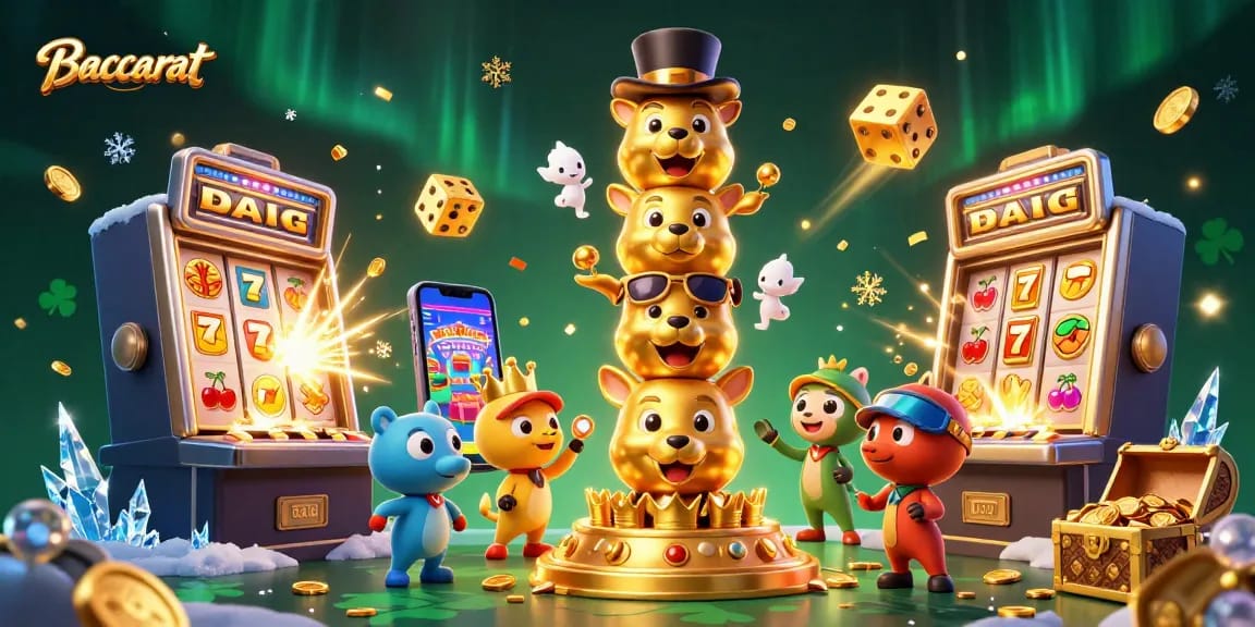 Baccarat strategy illustrated with a colorful casino atmosphere featuring golden slots and playful characters.