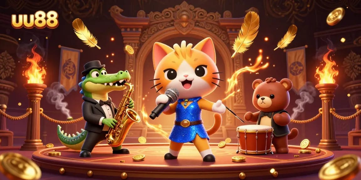 uu88 captivates players with an exciting casino scene featuring vibrant characters and golden gaming elements.
