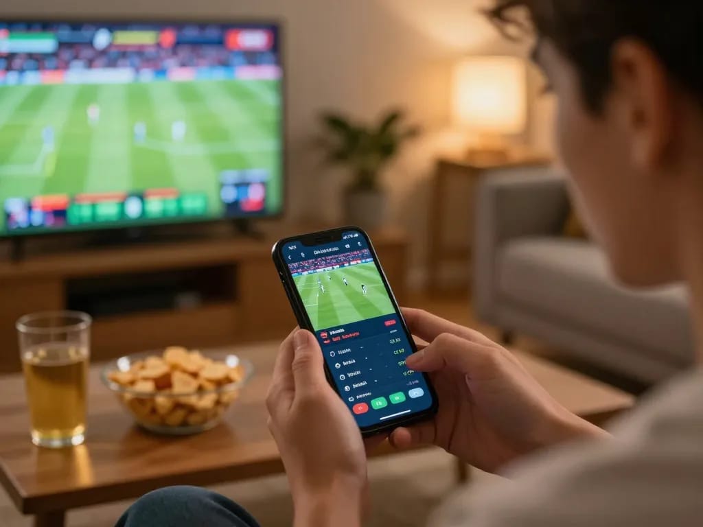 Cwin sports betting app in use during live football match, emphasizing real-time wagering excitement.