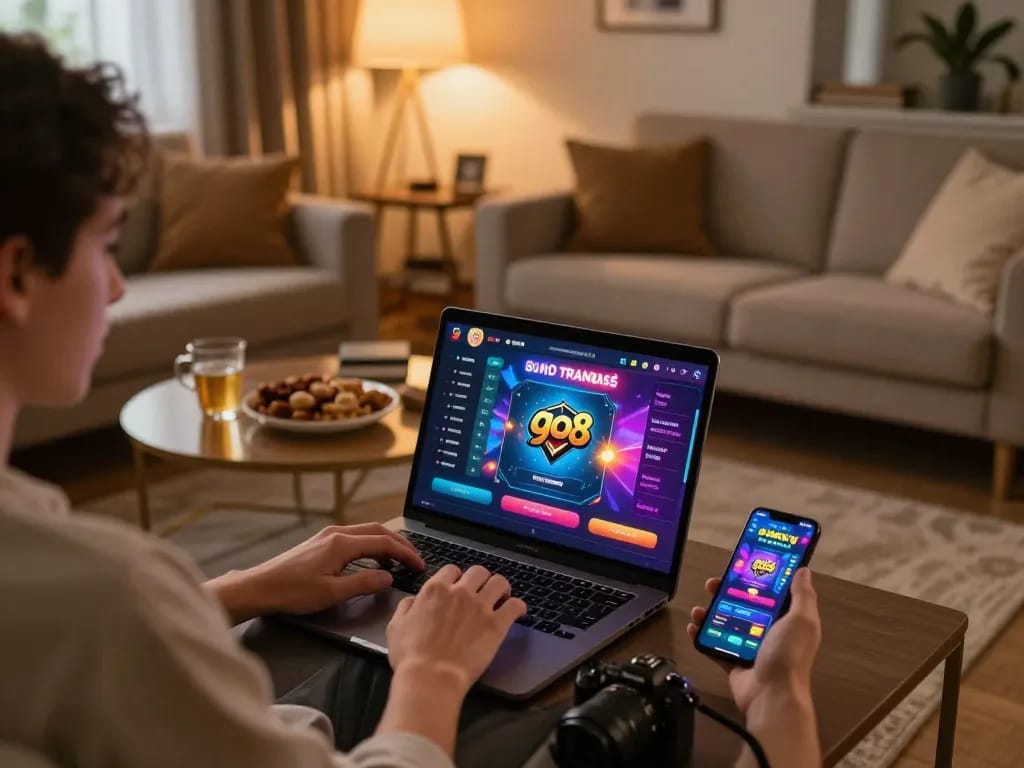 Gambling on go8 trang chủ from a cozy living room setup with laptop and smartphone.