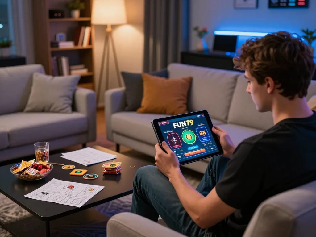 Engage with FUN79 bet while enjoying a cozy home gaming setup with a tablet interface.