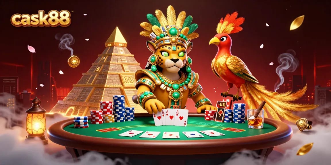 Engage with cask88 in a vibrant poker scene depicting a Mayan theme, featuring rich game elements.