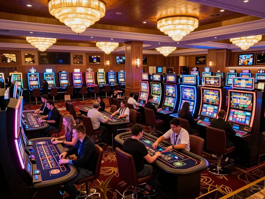 Players enjoying slot games at MM88 casino, illuminated machines creating an exciting atmosphere.